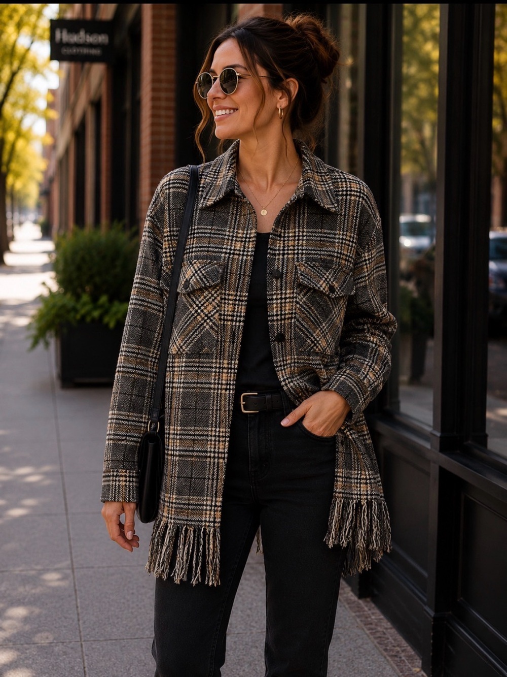 Loud Luxury Fringe WOOL BLEND-Only Blue Denim Plaid Snap Front Jacket SZ M
